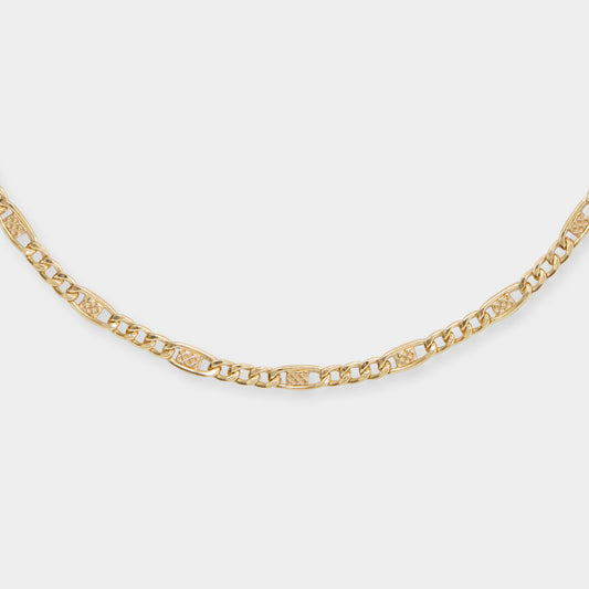 18K Yellow Gold Figaro Embossed Link Chain Bracelet