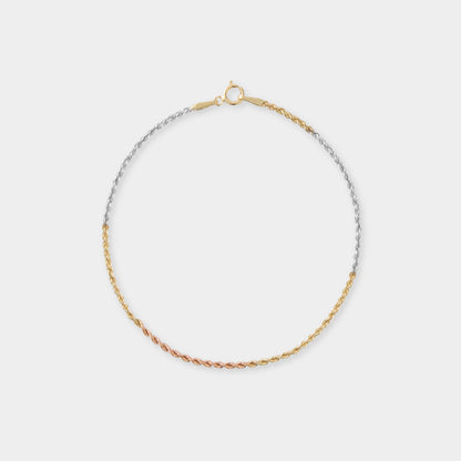 18 K Yellow, White & Rose Gold Rope Chain Necklace and Bracelets Set