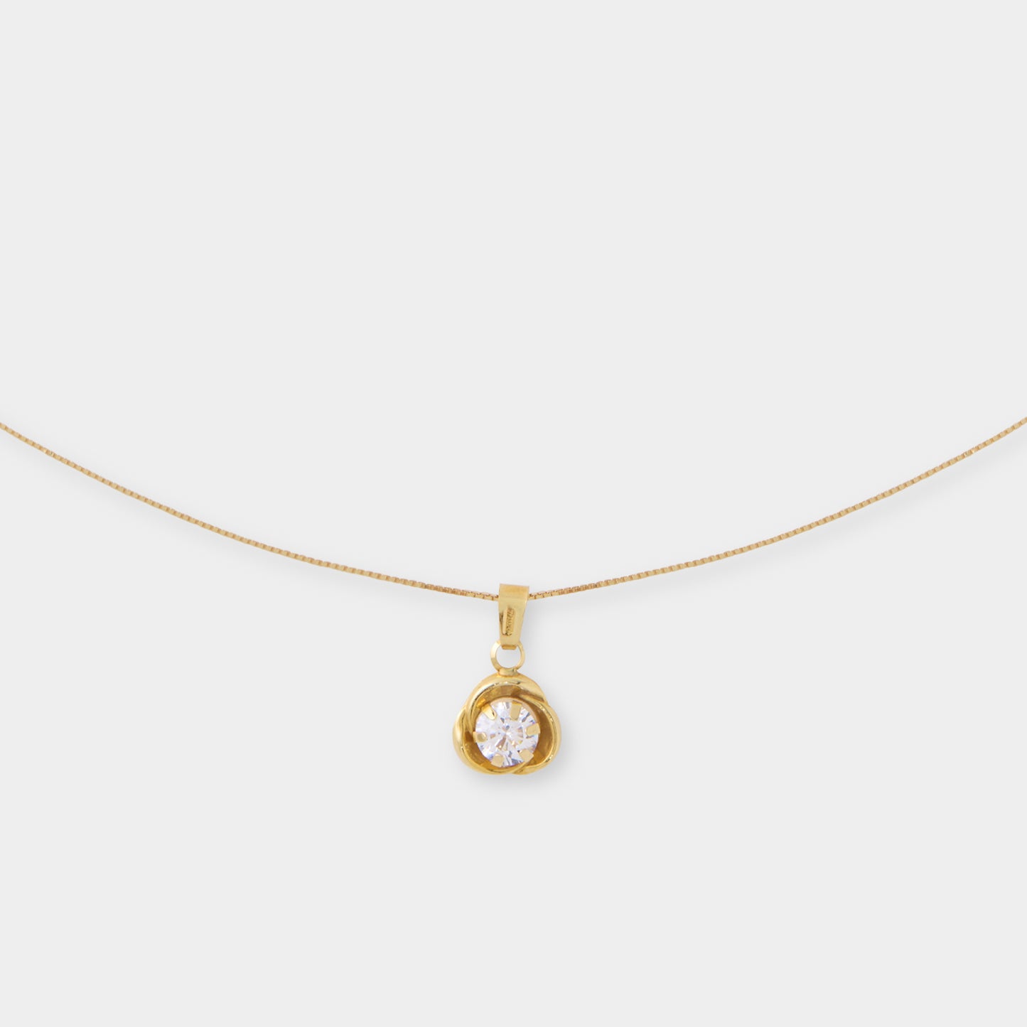 18 K Gold Box Chain Necklace & Rose Shape Pendant w White Sapphire