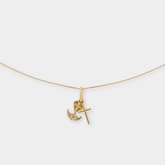 18 K Gold Box Chain Necklace & Flat Faith,Hope and Charity Pendant