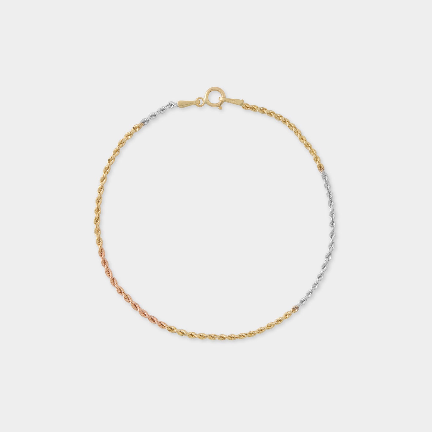 18 K Yellow, White & Rose Gold Rope Chain Bracelet