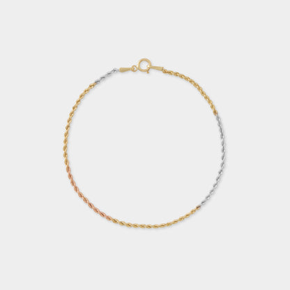 18 K Yellow, White & Rose Gold Rope Chain Bracelet