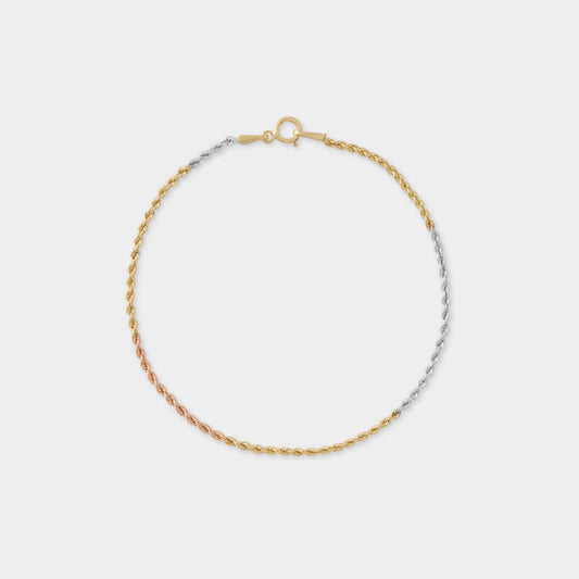 18 K Yellow, White & Rose Gold Rope Chain Bracelet